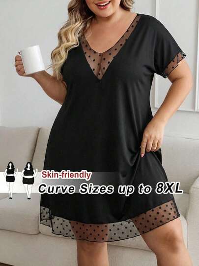 SHEIN CURVE+ 大码女式网纱拼接黑色连衣裙，宽松黑色连衣裙，情人节连衣裙