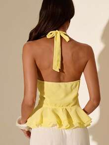 SHEIN Glamour Áo sơ mi voan đi nghỉ mát, viền bèo nhún voan, áo nữ, áo kiểu cổ yếm hở lưng màu vàng chanh, áo peplum cổ yếm bèo nhún kiểu Y2K, áo crop top voan mỏng cổ yếm, áo màu vàng pastel bèo nhún cho bữa brunch Phục Sinh, áo cổ yếm bèo nhún cho kỳ nghỉ xuân, áo cổ yếm và peplum thanh lịch, áo cổ yếm voan mỏng gợi cảm cho buổi hẹn hò, trang phục đi biển cho kỳ nghỉ xuân, lễ hội Coachella, phong cách Boho Y2K, trang phục dự đám cưới mùa xuân, trang phục bèo nhún lãng mạn cho đêm tiệc, áo bèo nhún mỏng gợi cảm cho lễ hội mùa xuân, trang phục thẩm mỹ. - Vàng nhạt - Xem 3