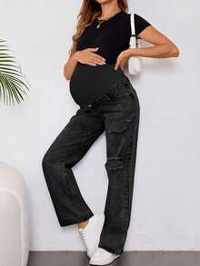 SHEIN 孕妇休闲宽松破洞直筒牛仔裤，蓝色 - 黑色 - 查看 6