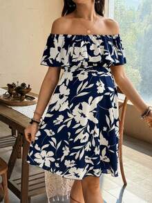 SHEIN Maternity Off Shoulder Floral Print Ruched Fashion Vacation Dress - Navy Blue - View 5