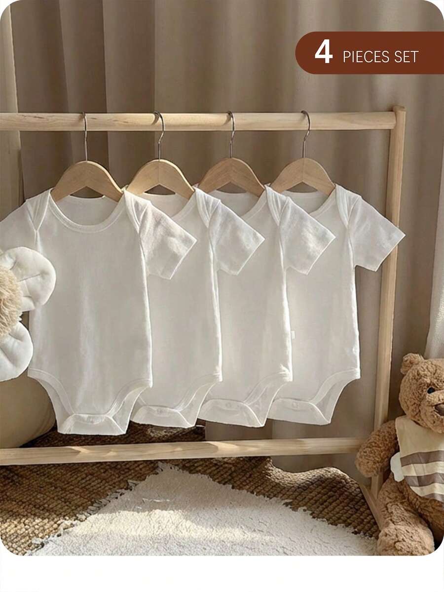 SHEIN 新生女婴5件套可爱白色短袖连体衣套装,非常适合春夏穿着。 - 白色 - 查看 1