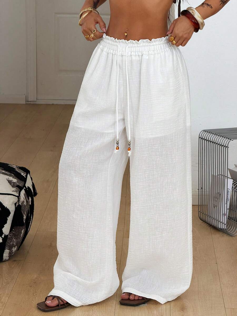 Coolane Women's Summer Party/Graduation/Casual/Vacation/Street Style/Y2K/Fashion Drawstring Belt Pocket Casual Versatile Everyday Linen Pleated Wide-Leg Pants - White - View 1