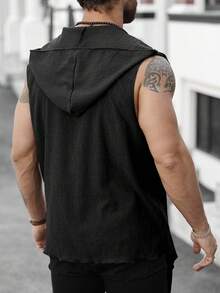 Genlund Camiseta de tirantes con capucha de unicolor y textura para hombre, ideal para vacaciones de verano - Negro - Ver 2