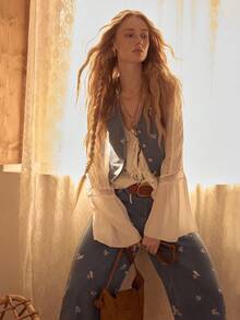 MOTF STUDIO 牛仔刺绣碎花背心外套和阔腿牛仔裤套装 - 藍色 - 查看 6