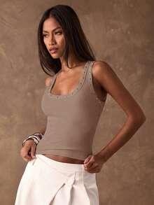 SHEIN BAE Women's Solid Color U-Neck Sleeveless Ribbed Fitted Tank Top - Brown - View 5