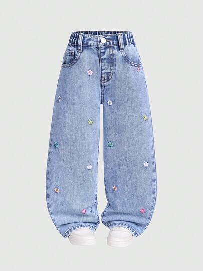 Girls' Summer New Fashion Distressed Embroidered Flare Jeans, Heart Embroidery Colorful Heart Cute Loose Wide Leg Pants, Suitable For Christmas, New Year, Valentine's Day, Daily Wear, School