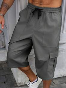 Manfinity Homme Plus Size Men's Casual Fashion Street Daily Commute Drawstring Waist Flap Pocket 3/4 Length Pants - Grey - View 3