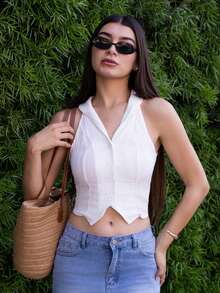 Andrea Bello Women's Textured Voile Lapel Sleeveless Open Front Shirt - Blue and White - View 6