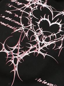 ROMWE MEN Goth Men's Summer Casual Sports Shorts With Letter & Heart Print, Drawstring Waist - Black - View 2