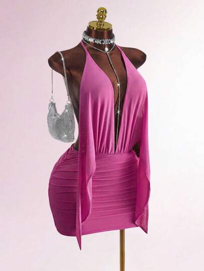 Mistrie Đầm trơn màu trơn xếp nếp, cổ yếm, hở lưng, gợi cảm, không tay