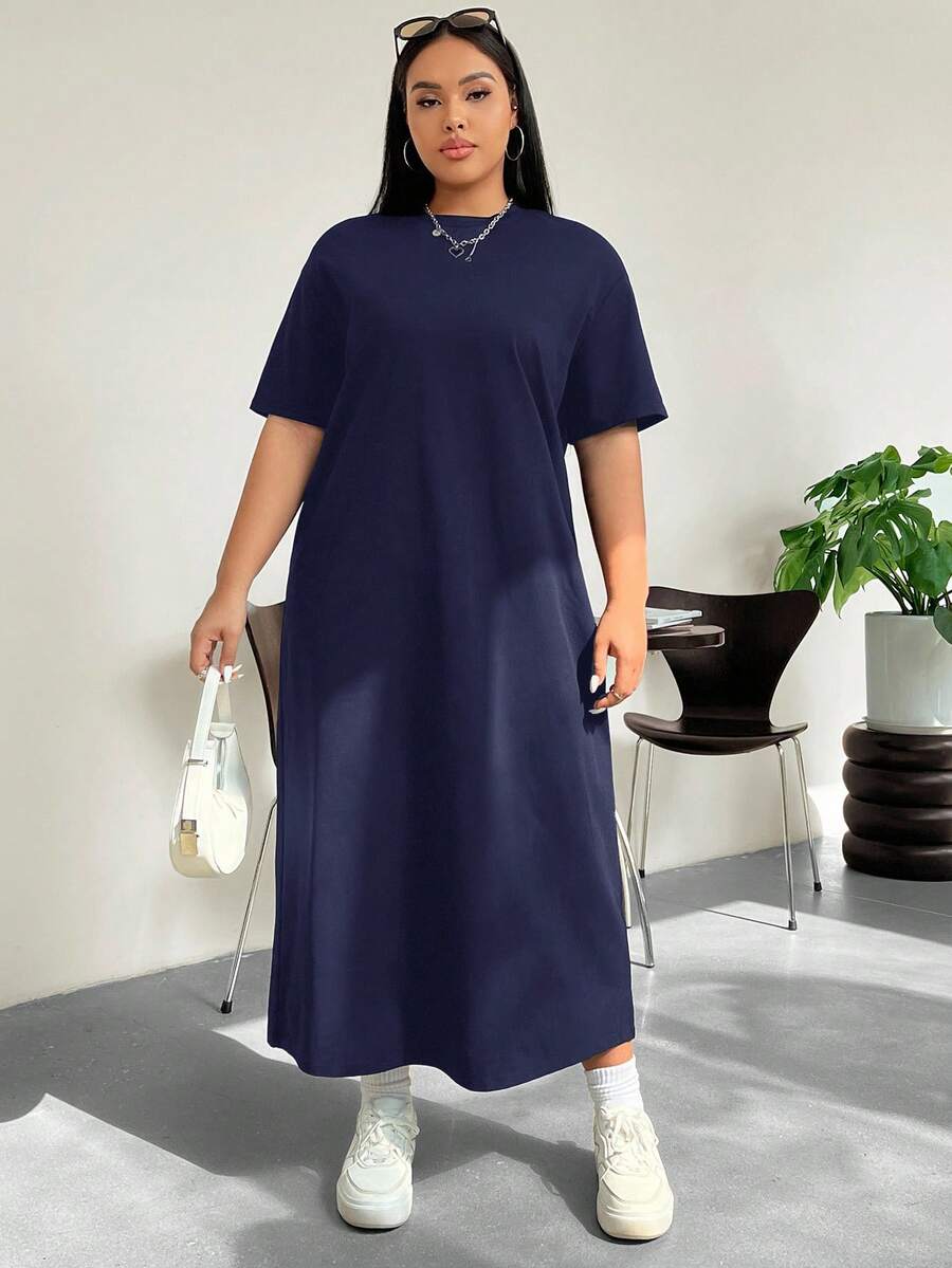 SHEIN EZwear 夏季大码休闲纯色T恤裙 - 藏蓝色 - 查看 1