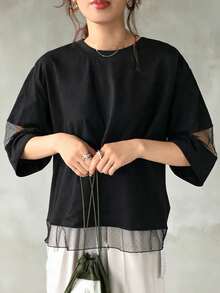 FRIFUL Women's Casual Solid Color Mesh Patchwork T-Shirt, Summer - Black - View 4