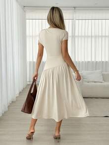 Easowa Women's Asymmetrical Asymmetric Shoulder Ruched Tie Bow Decor Dress - Apricot - View 6