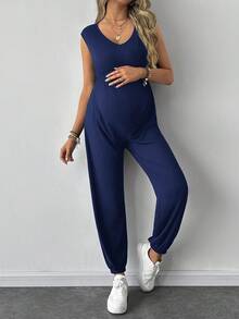 SHEIN 孕妇纯色V领无袖休闲舒适透气连体裤 - 藏蓝色 - 查看 3