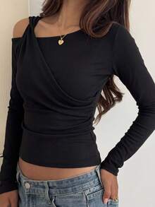 DAZY Women's Elegant 2 In 1 Splice Shoulder Long Sleeve T-Shirt, Slim Fit, Suitable For Spring And Summer - Black - View 6