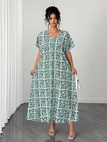 Elenzga Plus Size Fashionable Commuter All-Over Print Dress - Multicolor - View 5