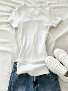 SHEIN Half-Open Collar Fitted Short Sleeve T-Shirt For Women - White - View 2
