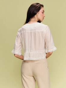 lacRébo Vintage Inspired White Lace-Trim Blouse With Oversized Collar Spring Summer French Style Parisian Style Office Outfit Going Out Vintage Top Cute Summer Top Holiday Top Cute Top White Vintage Top - White - View 5