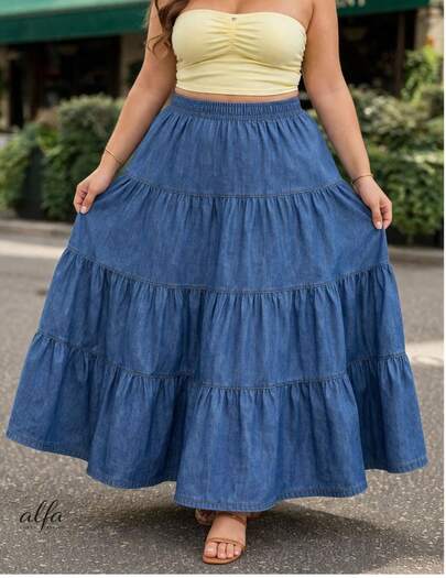 Falda Larga para Mujer Dama Denim Curvy Plus Size Tallas Extra boho verano: diseño plisado con cintura elástica de tiro alto, largo midi, fresca y cómoda, ideal para uso diario, playa y salidas casuales