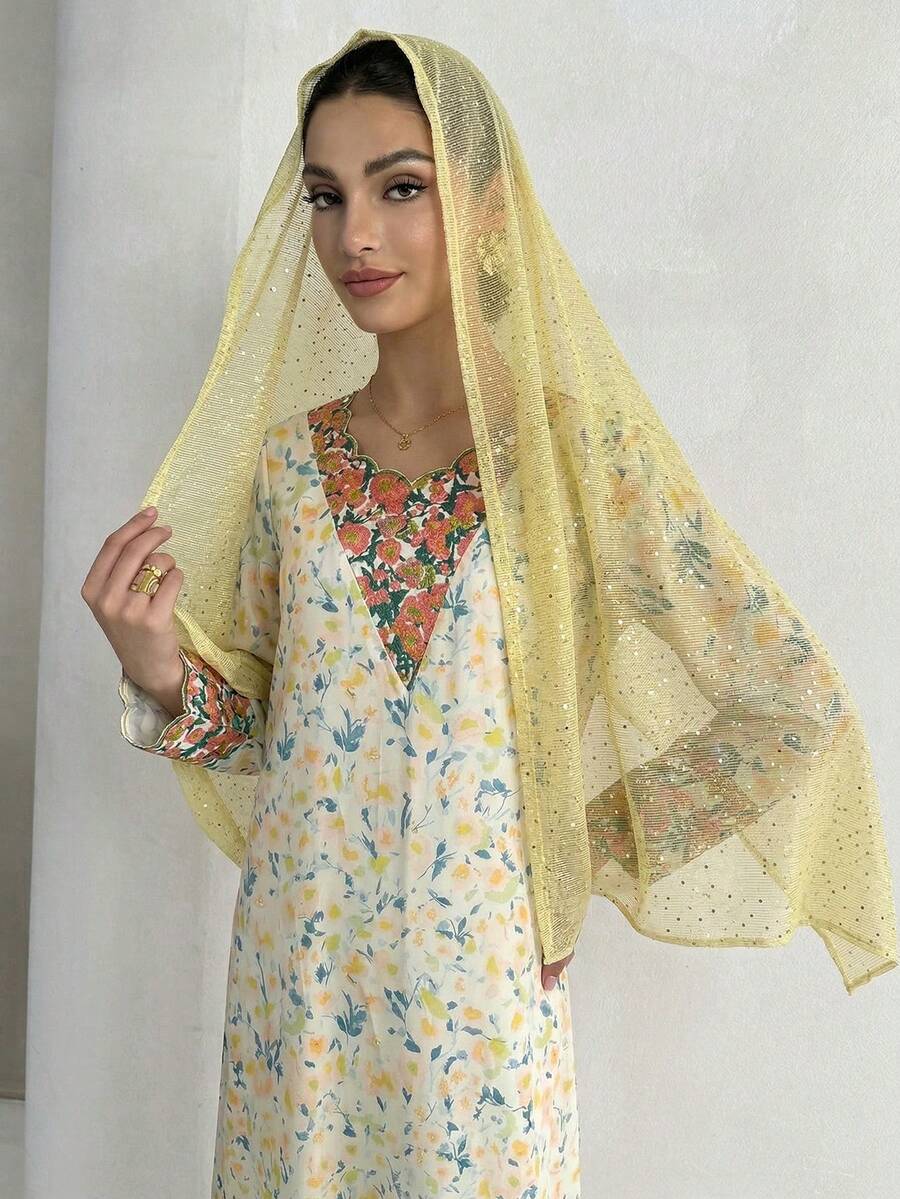 Yasmyna Women's Floral Print Long Sleeve Loose Arabic Style Dress - Green - View 1