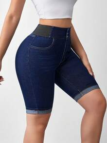 Flexra Women's Solid Color Elastic Slant Pocket Casual Skinny Denim Shorts - Dark Wash - View 3