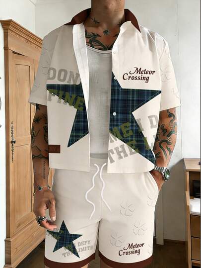 Manfinity EMRG Men's Retro Plaid Star Print Short Sleeve Shirt Set, Vintage Plaid Contrast Collar Casual 2-Piece Outfit, Streetwear Daily Wear