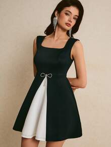 Poéselle Women's Casual Elegant Sleeveless Contrast Color Mini Dress Cocktail Evening Party Holiday Black And White Summer - Black and White - View 1