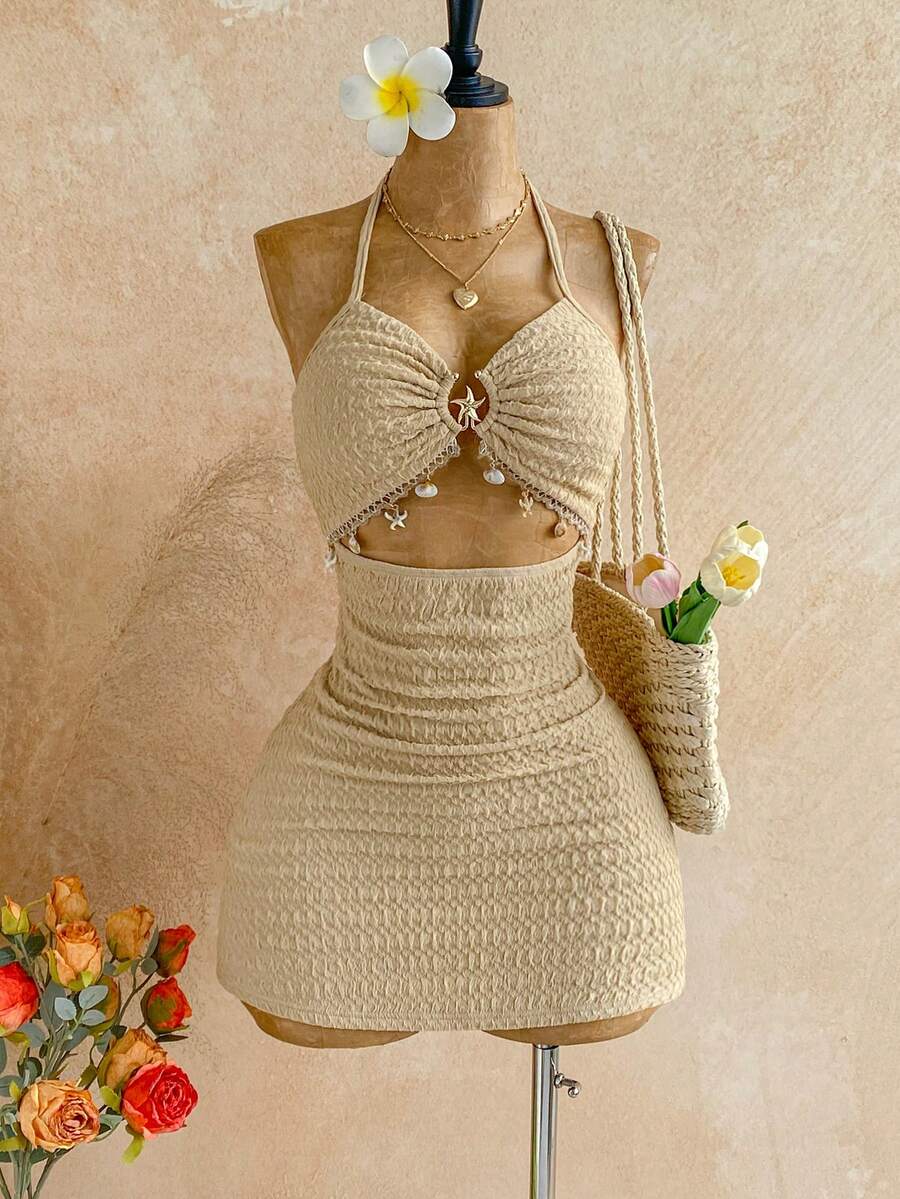 Soleia Đầm ngắn nữ màu trơn, họa tiết vỏ sò, cổ buộc dây, eo nhún bèo, thanh lịch, thích hợp cho hẹn hò và tiệc tùng. - Màu be - Xem 1