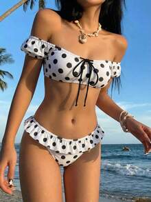 SHEIN MOD 女士夏季沙滩波点扭结设计吊带背心式上衣和三角比基尼泳裤两件套泳衣 - 黑與白 - 查看 2