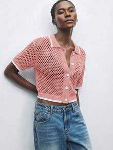 Maija Áo khoác cardigan dệt kim dáng rộng, vai rớt, khoét lỗ, phong cách thường ngày dành cho nữ, mùa hè. - Hồng - Xem 3