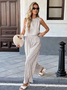 SHEIN PETITE 2pcs/Set Casual Plaid Vest And Pants Set, Summer - Khaki - View 3