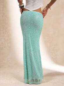 SHEIN BAE Women's Blue Sequin Sheer Vacation Skirt - Blue - View 2