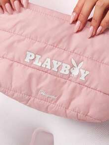Missguided x Playboy Pink Quilted Logo Makeup Pouch Travel Cosmetic Organizer Bag With Zipper Closure - Pink - View 3