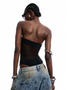 LYSMO Women's Solid Color Mesh Splice Bodysuit, Sexy Sleeveless Form-Fitting - Black - View 2