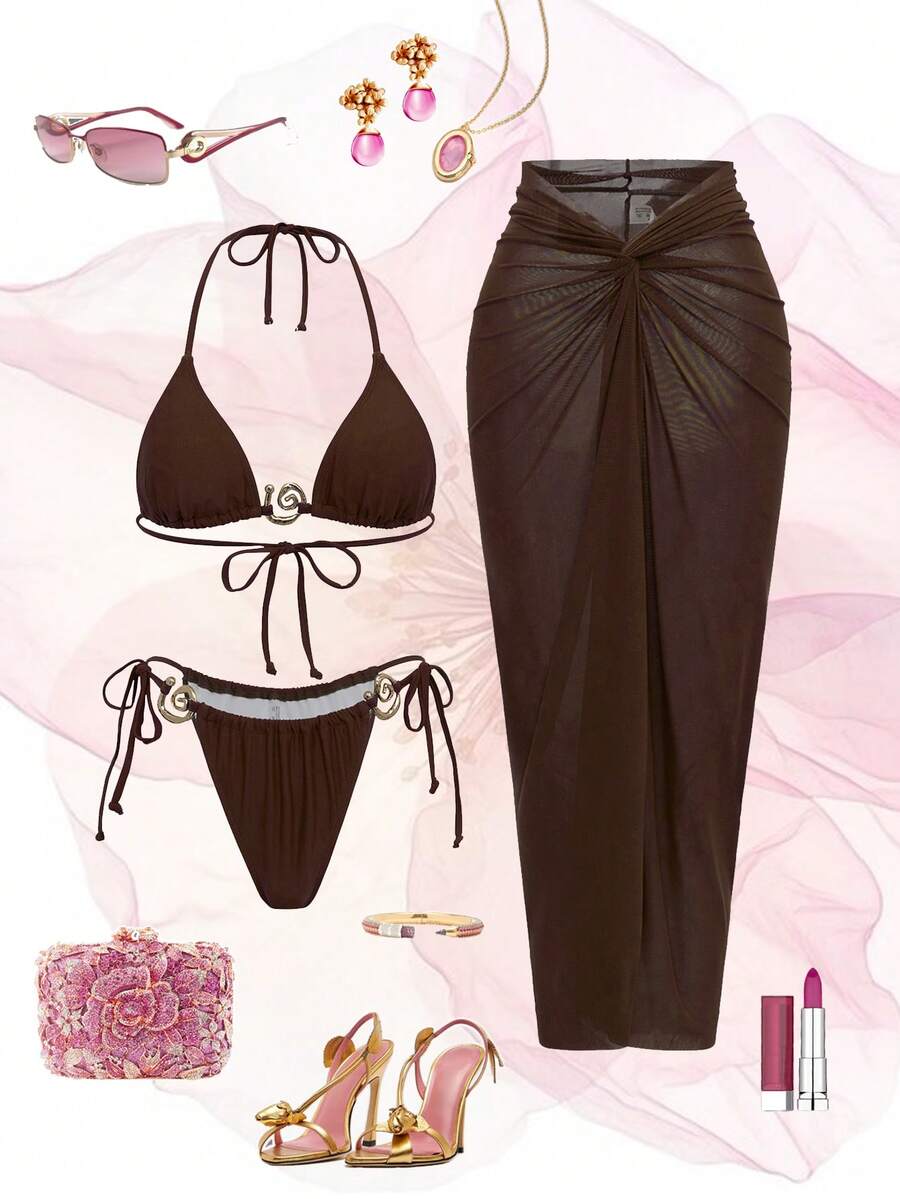 Swim Oasis 2026新款性感比基尼三件套，低腰绑带网纱裙 - 咖啡棕 - 查看 1