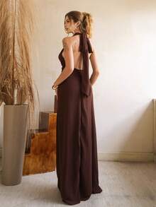 女式深 V 领露背连衣裙，配垂坠腰带，A 字型飘逸雪纺婚礼派对度假夏装 - 棕色 - 查看 3