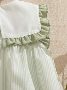 Souflis Souflis Baby Girls' Summer New Arrival Cute Peter Pan Collar Bow Embroidered Floral Trim Pocket Design Open Back Sweet Casual Princess Dress - Green - View 6