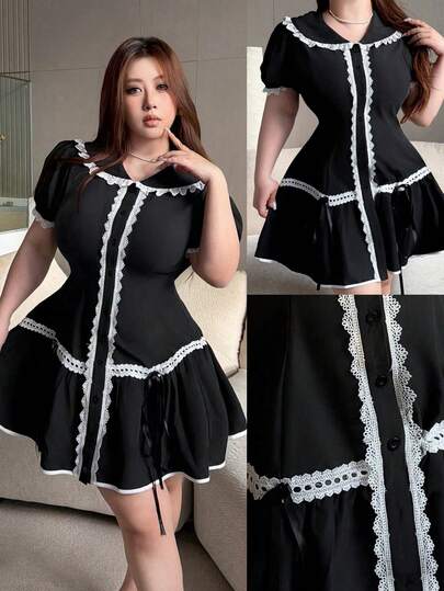 Vibekara Đầm ngắn tay màu đen cỡ lớn kiểu Gothic Lolita phối ren tương phản