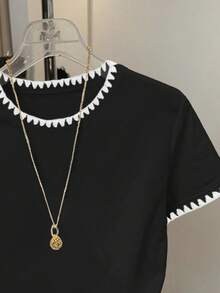 Resyla Áo thun nữ kiểu dáng thường ngày, viền tương phản, thêu họa tiết, thích hợp cho mùa hè. - màu đen - Xem 3