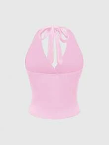 ROMWE Grunge Punk 女式露背挂脖粉色背心，性感纯色夏季 - 粉色 - 查看 2