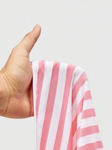 ROMWE Goth Spring/Summer Valentine's Day Casual Pink Y2K Style Striped Fitted Crop Top - Pink - View 6