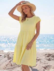 Sylviya 女士休闲纹理娃娃裙，黄色，适合海滩度假、夏季女装、夏季连衣裙、海滩装、休闲连衣裙、度假装、夏季假日装、假日连衣裙、乡村风女装、黄色连衣裙、太阳裙、邮轮装、波西米亚风女装、飘逸连衣裙 - 黃色 - 查看 3