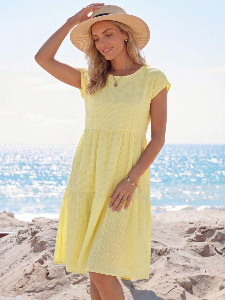 SHEIN LUNE Plus Size French Style Solid Color Round Neck Pleated Dress For Vacation And Daily Wear - Yellow - View 1