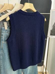 Franclia New Spring/Summer Casual Minimalist Round Neck Micro Polo Sleeveless Vest, Matte Button, Tight-Knit, Contrast Trim, Polka Dot & Paisley Patchwork, Suitable For Work Commute, All-Match Korean Style, Slim Fit, Comfortable, Versatile, Dark Color, Flattering, Business Neutral High-End Women Knit Top - Navy Blue - View 2