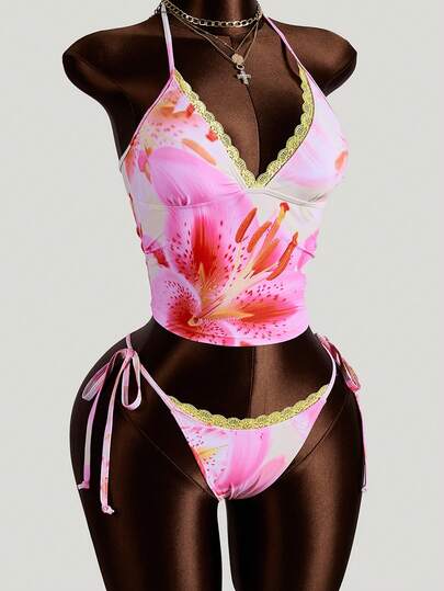 Swim Glamine Women's Elegant Floral Print Lace Patchwork Tie-Front Spaghetti Strap Bikini Set Set, Suitable For Beach & Holiday
