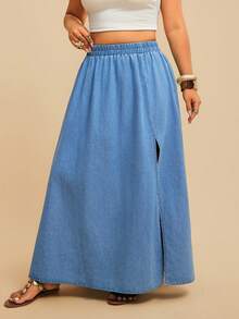 Travachic Plus Size Solid Color High Slit Elastic Waist Denim Skirt - Medium Wash - View 4