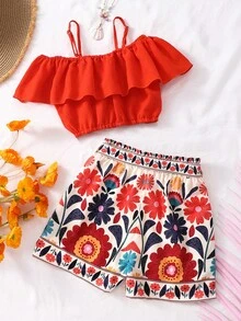 SHEIN Sparklyn 2pcs Tween Girls Orange One-Shoulder Crop Top & Tropical Leaf Print Shorts Set, Spring/Summer Holiday - Orange - View 2