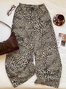 Comfortcana 2 chiếc quần màu nâu và hồng, quần ống rộng dệt họa tiết da báo nâu và da báo nhạt có dây rút, trang phục mùa hè cho nữ, mùa xuân/hè. - Nhiều màu - Xem 10