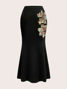 SHEIN Franclia Falda larga de sirena negra elegante para mujer con bordado de lentejuelas florales doradas, falda de cintura alta ajustado de longitud hasta el piso para fiestas de noche, bailes de graduación y ocasiones formales, conjunto de cóctel de lujo 2025 - Negro - Ver 4