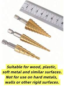 Bộ 3 mũi khoan bậc thang bằng thép tốc độ cao phủ titan, mũi khoan hình tháp cho gỗ và kim loại hiệu suất cao - Bền, vát cạnh mịn, không có gờ, không dễ gỉ, dễ lắp đặt, cải thiện hiệu suất - Nhiều màu - Xem 2